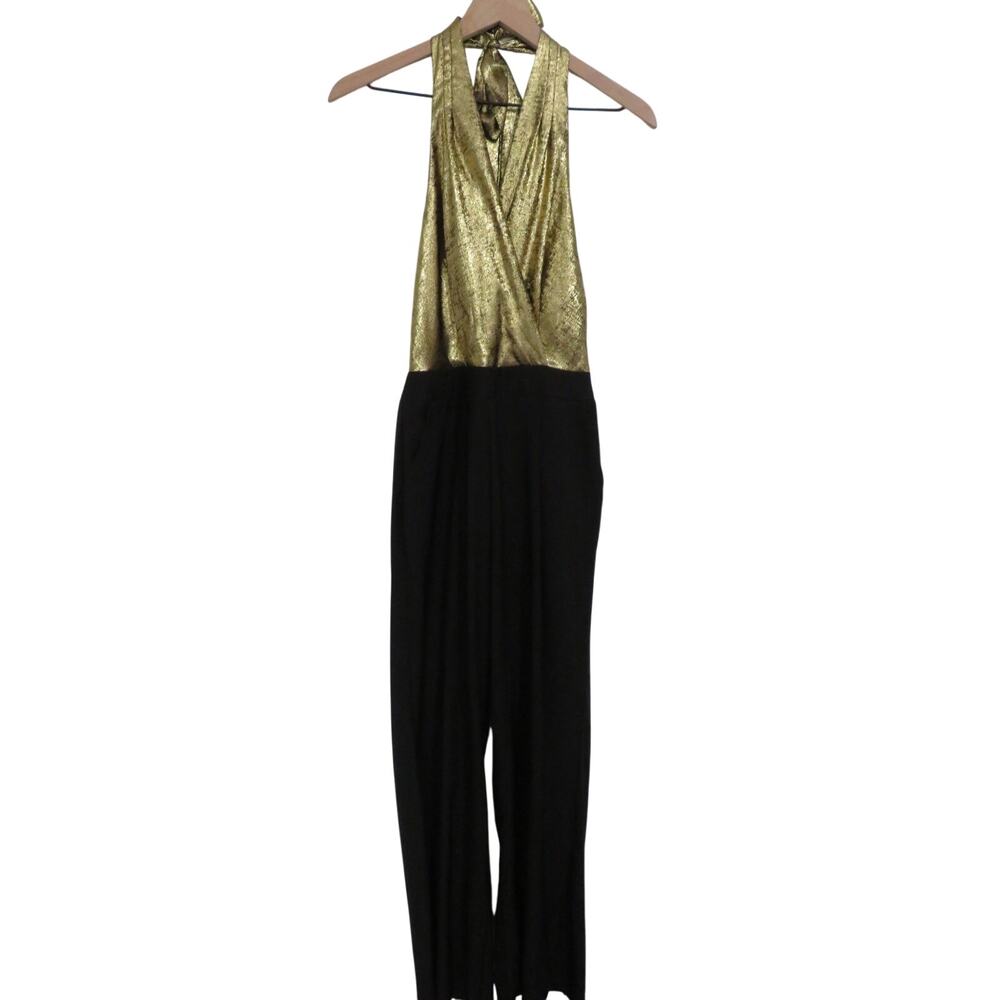 J.O.A. Womens Size S Metallic Gold Black Halter Jumpsuit Party Evening Cocktail
